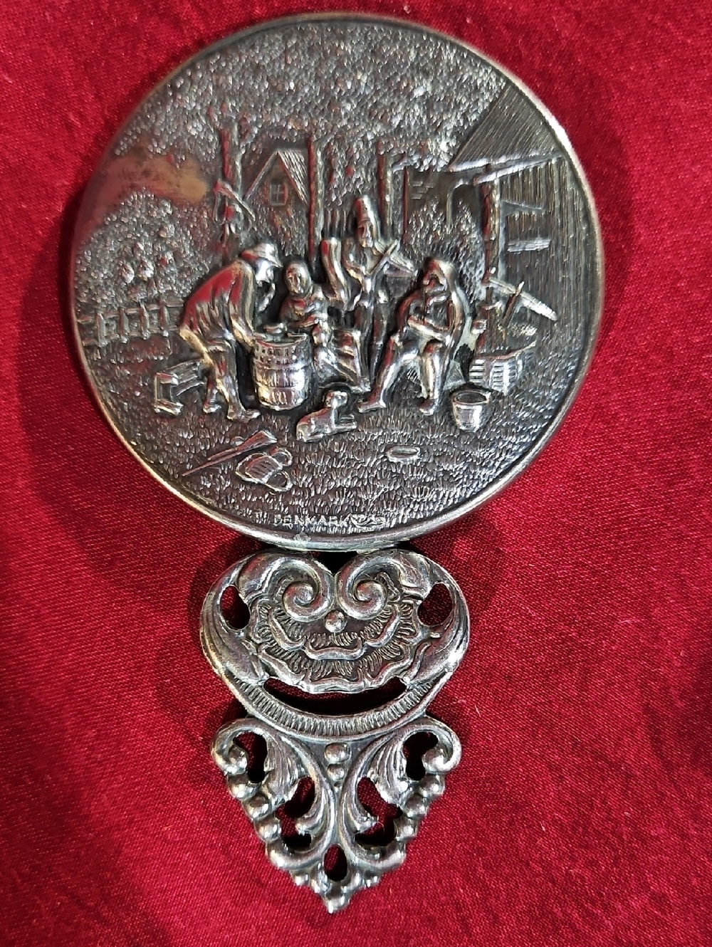 VTG "Antique-Style" Silver Purse Mirror w/Repousse Scene of Folk Musicians